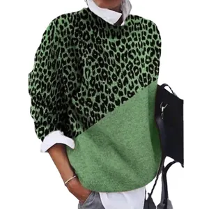 Vintage leopard print long sleeve loose casual T-shirt for women in green color block