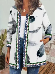Close-up of a retro ethnic feather print cardigan featuring patterned border trim