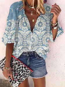 Élégante chemise vintage à imprimé bohème pour femmes avec boutons amples et col