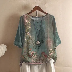 Haut Décontracté Imprimé Floral Vintage pour Femmes T-Shirt Ample Demi-manches Col Rond avec Boutons Tunique d'été Style Bohème