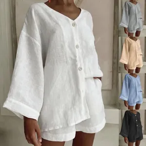 Completo Casual da Donna in Cotone e Lino Con Camicia a Maniche Lunghe Scollo a V e Pantaloncini Top And Bottom Estate