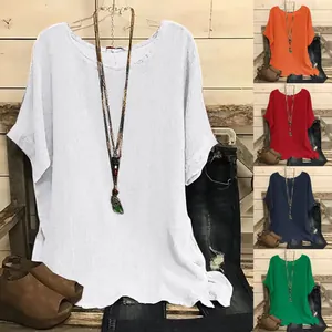 T-Shirt Décontracté pour Femmes Mélange de Coton Col Rond Manches Courtes Vintage Effet Vieilli Couleur Unie Fente Latérale Top
