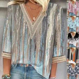 Camiseta de Mujer Vintage con Cuello en V y Manga 3/4 Top Holgado con Encaje Estampado Floral para Vacaciones Informales Top de Poliéster