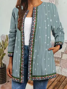 Detailed view of bohemian style women's retro ethnic print cardigan jacket with decorative trim
