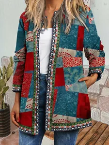 Vintage ethnic print cardigan jacket with colorful patchwork and geometric border