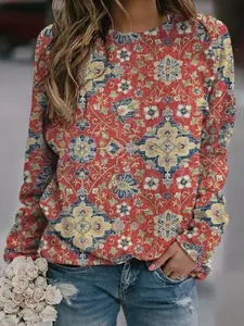 Vintage ethnic floral mosaic print women's long sleeve sweatshirt with casual crew neck design