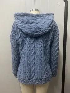 Back view of women's blue textured plush hooded sweatshirt with jacquard pattern