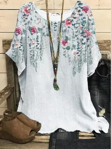 Close-up detail of women's loose round neck blouse featuring pink floral and vine print