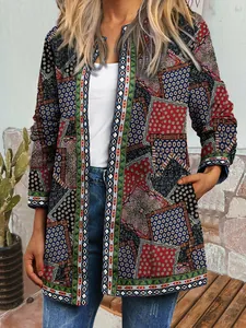 Detail view of a vintage ethnic print open front cardigan jacket with pockets for autumn