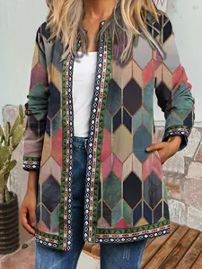 Detailed view of women's vintage ethnic print cardigan with geometric patterns