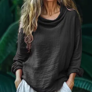 Elegant women's casual loose long-sleeved pleated top with a stylish cowl neck