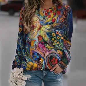 Casual women's vintage ethnic print sweatshirt featuring vibrant long-sleeve artistic patterns