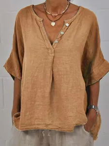 Stylish women's casual loose cotton linen V-neck shirt with button detail in earthy brown tone