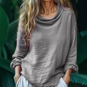 Casual loose grey cowl neck long sleeve top with textured wrinkled fabric for women