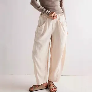 Women's loose cotton linen harem pants with elastic waist and side pockets