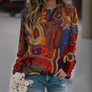 Women's retro ethnic style colorful print long sleeve crewneck casual sweatshirt