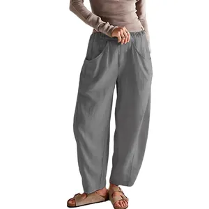 Women's loose cotton linen trousers with elastic waist and pockets in grey
