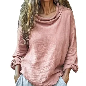 Casual loose long-sleeved solid color cowl neck wrinkled top for women's spring fashion