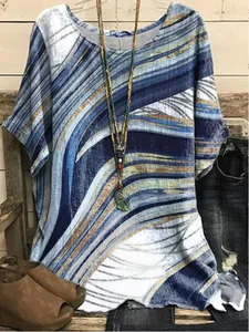 Detailed view of women's casual loose round neck top with abstract blue wavy print