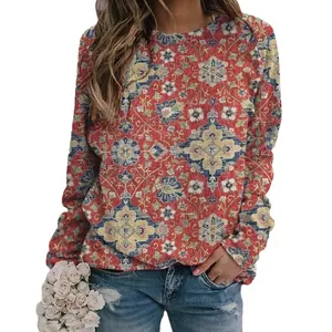 Women's casual vintage ethnic print sweatshirt with long sleeves and round neck design