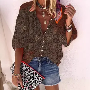 Chemise décontractée pour femmes à imprimé vintage bohème avec col en V et coupe ample