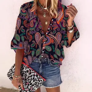 Camicia casual ampia con stampa paisley vintage scollo a V e bottoni moda estate