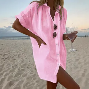 Vestido camisero casual rosa elegante de algodón y lino manga corta para la playa