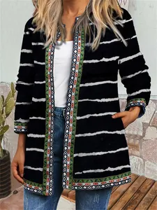 Vintage ethnic print open-front cardigan jacket for women with striped design detail