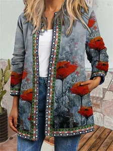 Detailed view of women's vintage ethnic floral print cardigan jacket with open front design