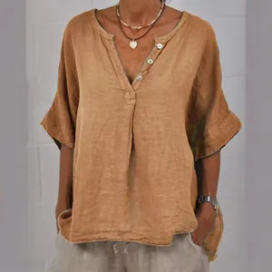 Casual loose-fit cotton linen V-neck shirt with button details and mid-length sleeves
