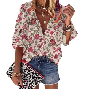 Camicetta estiva vintage con stampa floreale e bottoni vestibilità comoda per moda donna