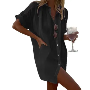 Elegante vestido camisa casual de manga corta en algodón y lino para mujer, negro
