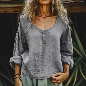 Camisa informal de algodón y lino gris de manga larga para mujer con cuello henley