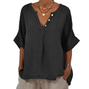 Women's loose cotton linen blouse with V-neck and button details in solid black