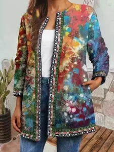 Vintage colorful ethnic print open front jacket for women in casual outdoor style