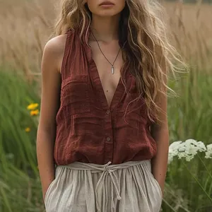 Casual women's sleeveless cotton linen V-neck shirt with pockets in terracotta red