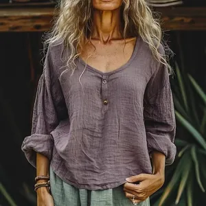 Blusa informal de algodón y lino para mujer con botones y cuello redondo