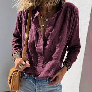Boho-style women's loose long sleeve linen blouse in burgundy with button detail