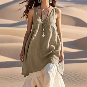 Bohemian style sleeveless cotton linen V-neck maxi beach dress in earthy khaki tones