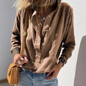 Casual loose-fitting coffee brown cotton linen long sleeve shirt for women with button detail