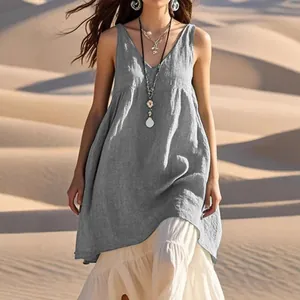 Loose grey cotton linen sleeveless V-neck beach dress for women in desert setting