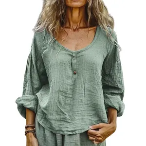 Blusa casual de algodón y lino de manga larga con cuello redondo y botones en verde salvia