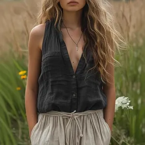 Casual loose fit sleeveless linen V-neck shirt for women in dark grey natural style