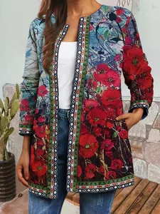 Vintage ethnic floral print cardigan for women with bohemian geometric trim borders