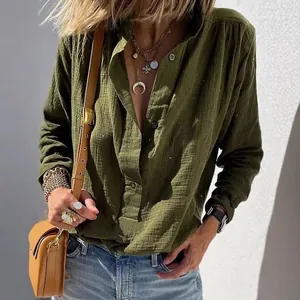 Casual women's olive green cotton linen long sleeve pullover shirt with retro buttons