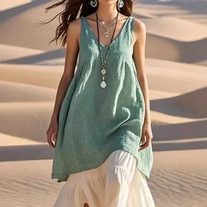 Bohemian sage green sleeveless V-neck cotton linen dress for summer beach
