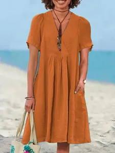Summer loose cotton linen V-neck pleated dress with pockets and short sleeves