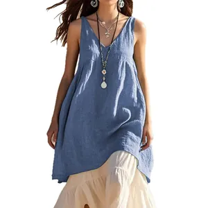 Loose sleeveless blue cotton linen V-neck summer beach dress for women casual wear.