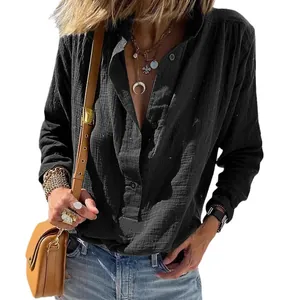 Casual loose black cotton linen long sleeve shirt with retro buttons for women