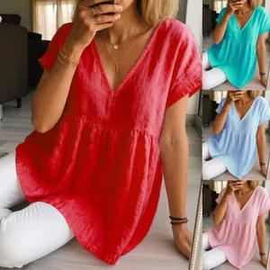Women Casual V-Neck Cotton Polyester Top Loose Short Sleeve Pleated Babydoll Blouse Solid Color Pullover Shirt Spring Summer